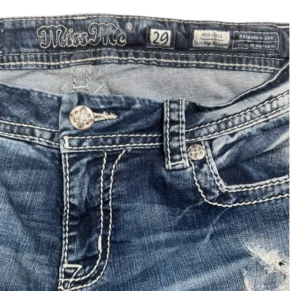 Miss Me 29 Signature Mid-Rise Easy Ankle Skinny Distressed Blue Denim Jeans - Picture 6 of 8